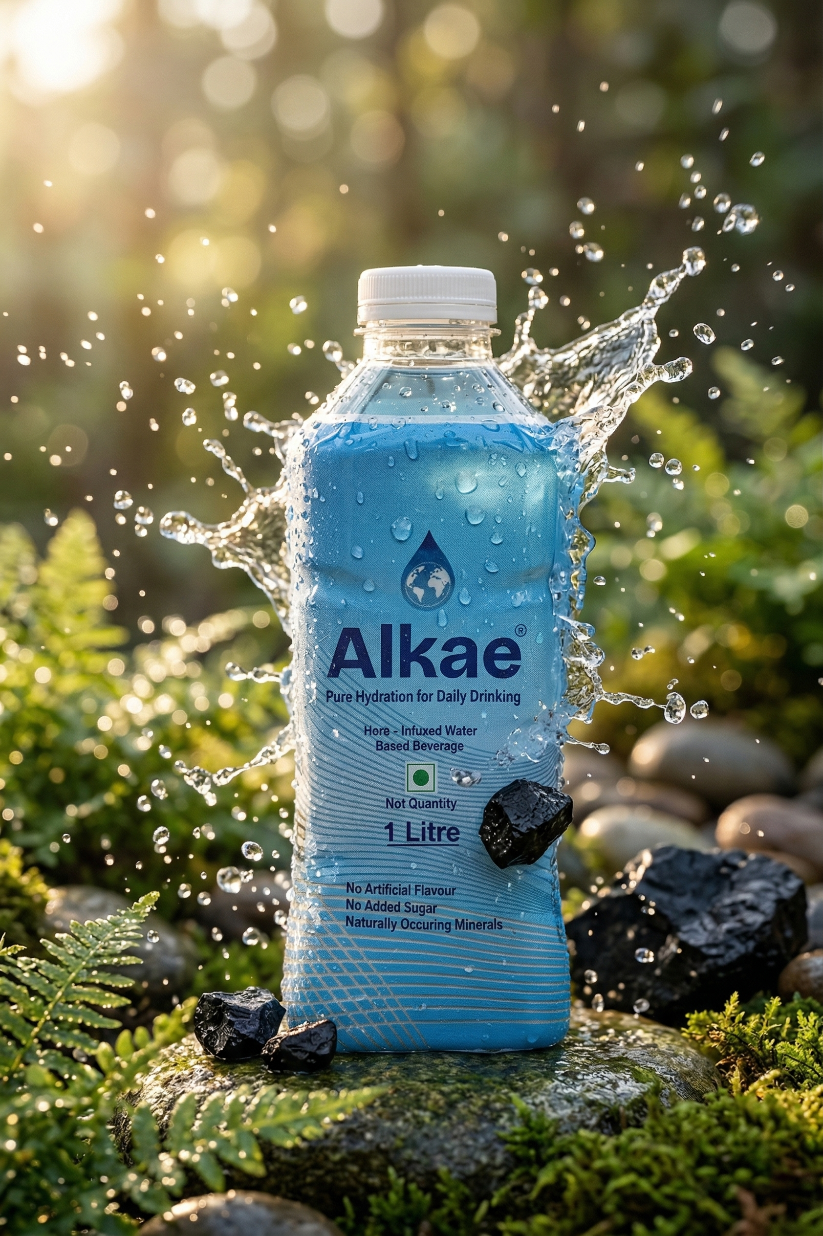 Alkae premium water bottle in a lush green forest spring setting representing sustainability